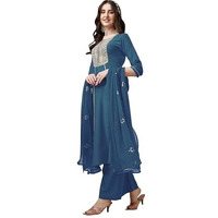 Ethnicjunction Women's Cotton Silk Eid Special Embroidered Kurta Palazzo And Dupatta Set | Eid Outfits For Women Teal