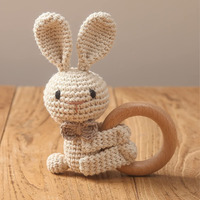 Sycamore East Wooden Baby Rattle Crochet Fox Baby Toys Handmade Newborn Toy Early Development Grips Stuffed Animal Organic Rattle (Rabbit)