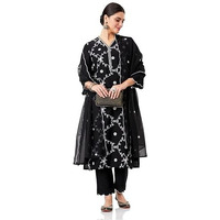 Amazon Brand - Myx Women's Embroidered Kurta Pant Set With Organza Dupatta (Ss25-Myx-Sur-Ks-17_Black_L)