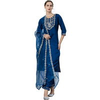 Vredevogel Kurta Set With Dupatta | Embroidered Silk Blend Straight Kurta Pant Set For Women | Women's Ethnic Casual Kurti Set (Teal-Blue_Large)