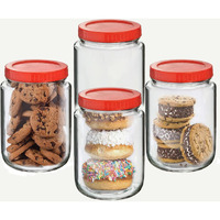 Brezzycloud Piraml Glass Round Shape Transparent Glass Jars & Containers For Kitchen Pantry, Snacks, Dry Fruits, Coffee Beans Storage 1Kg Glassjar With Red Color Plastic Lid (Set Of 4) (1000Ml, Round)