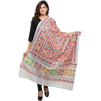 Banjara India Women's Cotton Embroidered Kutchi Dupatta Bharchak (White)