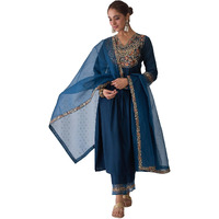 Indo Era Women's Embroidered Viscose A-Line Kurta Pant With Dupatta Set (Kh1Tl6112_Xx-Large),Teal