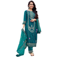 Royal Export Women's Faux Georgette Ethnic Motifs Embroidered Straight Kurta Pant With Dupatta (Rx56 Zrama_Rama Green_L)