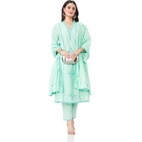 Amazon Brand - Myx Women's Embroidered Cotton Kurta Pant Set With Dupatta (Ss25-Myx-Shu-Ks_01_Green_Xs)