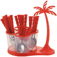 Parage 25 Pieces Stainless Steel Cutlery Set With Storage Box/Spoon Set/Spoon Stand For Kitchen And Dining Table (Contains: 6 Table Spoons, 6 Forks, 6 Soup Spoons, 6 Tea Spoons, 1 Stand) (Red)