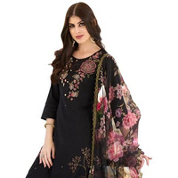 Indo Era Women's Black Embroidered Silk Blend Straight Kurta Pant With Dupatta Set (Ieout7491_Small)