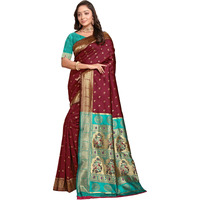 C J Enterprise Women's Banarasi Saree Pure Kanjivaram Silk Saree Soft Design Wear Pattu Sarees Latest Cotton With Blouse Piece For Wedding Sadi New Ladies 2025 (Chand Paithani) (Maroon-Rama)