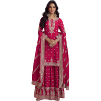 Miss Ethnik Women's Pink Chinon Stitched Top With Stitched Chinon Bottom And Chinon Dupatta Full Sleeve Embroidered Straight Top (Me-1194-Pink-4Xl)