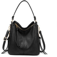 Zibuyu Tote Handbag For Women Fashion Faux Leather Tote Bag Classic Shoulder Crossbody Bags For Lady Girl Solid Color (Black)