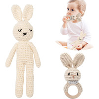 Sycamore East 2Pc Wooden Baby Bunny Rattle&Crochet Doll Plush Stuffed Rabbit Animals Toy For Newborn Baby 3 Months To 3 Year|100% Handmade Infant Soothe Toys For Sensory&Early Grips Thanksgiving Gift