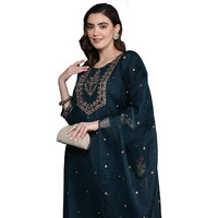 Indo Era Blue Straight Embroidered Poly Silk Kurta Trouser With Dupatta Set For Women (Kh9Bl7196_X-Large)