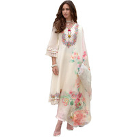 Indo Era Women's Off White Silk Blend Embroidered A-Line Kurta And Pant With Dupatta Set (Ieout6682_Medium)