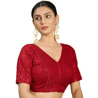 Pujia Mills Women's Indian Ethnic Wear Designer Silver Sequence With Matching Embroidered Work V Neck Half Sleeve Readymade Padded Saree Blouse Readymade Unique Red Color Saree Blouse