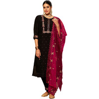 Indo Era Women's Embroidered Silk Blend Calf Length Straight Kurta & Pant With Dupatta Set (Shutr7625_X-Large) Black