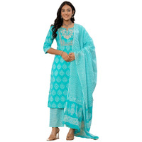 Amayra Women's Cotton Embroidered Straight Kurta With Palazzo Pant And Dupatta Set(Tck566,Turquoise,M)