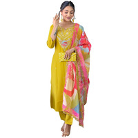 Naixa Women's Yellow Viscose Embroidered Flared Kurta With Viscose Pant And Silk Blend Printed Dupatta Sets (Nx-474-Yellow-L)