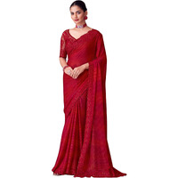 Akhilam Women's Red Pure Georgette Embroidered Saree With Unstitched Blouse (Silver30009_Tfh)