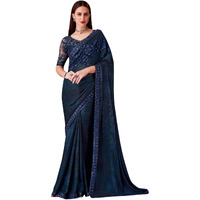 Akhilam Women's Navy Blue Pure Georgette Embroidered Saree With Unstitched Blouse (Silver30008_Tfh)