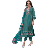 Indo Era Women's Blue Silk Blend Embroidered A-Line Kurta And Pant With Dupatta Set (Ieout6680_Medium)