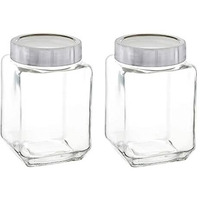 Vency Piramal Glass Cubical Square Transparent Glass Jar With Lid & Containers For Kitchen Pantry, Snacks, Masala, Jams, Pickles, Cookies, Dry Fruits, Coffee Beans Storage With Lid, 1.8 Ltr, Set Of 2