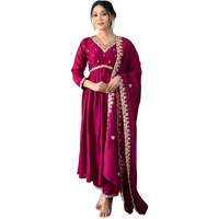 Naixa Women's Wine Vichitra Silk Embroidered Flared Kurta With Vichitra Silk Pant And Vichitra Silk Embroidered Dupatta Sets (Nx-S-Sameera-Wine-S)