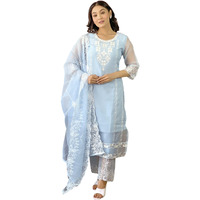 Naixa Women's Sky Organza With Crepe Linnig Embroidered Straight Kurta With Organza Pant And Organza Laced Dupatta Sets (Nx-466-Sky-Xxl)