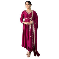 Naixa Women's Wine Vichitra Silk Embroidered Flared Kurta With Vichitra Silk Pant And Vichitra Silk Embroidered Dupatta Sets (Nx-S-Sameera-Wine-M)