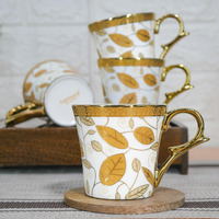 Femora Premium Gold Orange Traditional Leaf Pattern Design Ceramic Coffee & Tea Cup Set Of 4, 160 Ml