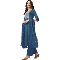 Ethnicjunction Women's Cotton Silk Eid Special Embroidered Kurta Palazzo And Dupatta Set | Eid Outfits For Women Teal