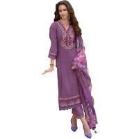 Indo Era Women's Purple Silk Blend Embroidered A-Line Kurta & Pant With Dupatta Suit Set (Ieout6676_X-Small)