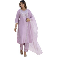 Vredevogel Women's Silk Blend Embroidered Kurta With Pant & Dupatta Set (Lavender_Medium)
