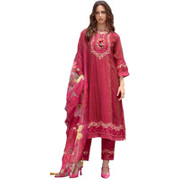 Indo Era Women's Pink Silk Blend Embroidered A-Line Kurta & Pant With Dupatta Suit Set (Ieout6678_X-Large)