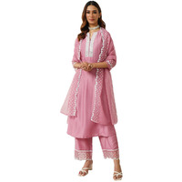 Fiorra Women's Pink Silk Blend Flared Kurta And Palazzo With Embroidered Dupatta Set0157
