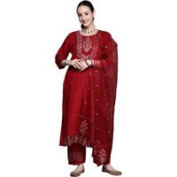 Indo Era Women's Silk Maroon Embroidered Ethnic Straight Kurta Trouser With Dupatta Set (Maroon_Kh9Mr7113_Xx-Large)