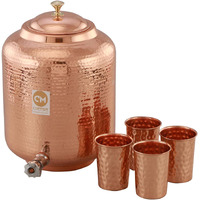 Copper-Master 14 Litre Hammered Copper Water Dispenser (Matka) Container Pot With 4 Copper Glasses Pure Copper And Ayurvedic Health Benefits (14000 Ml + 1200 Ml)