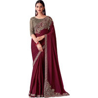 Akhilam Women's Maroon Satin Embroidered Saree With Unstitched Blouse (Silver30001_Tfh)