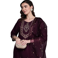 Indo Era Wine Straight Embroidered Poly Silk Kurta Trouser With Dupatta Set For Women (Kh9Wn7195_Medium)