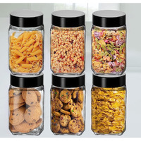 Feelopie Piramal Glass Square Clear Jars & Containers For Kitchen Pantry,Snacks,Masala,Honey,Pickles,Cookies,Dry Fruits,Coffee Beans Storage With Black Color Plastic Lid (Cube Jar)(300Ml,Set Of 6)