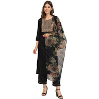 Vredevogel Women's Cotton Blend Embroidered Kurta With Pant & Organza Dupatta Set (Black_Large)