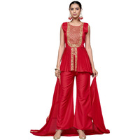Ethnicjunction Women's Cotton Silk Embroidered A-Line Kurta Palazzo With Dupatta Set (Red)