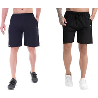 Blue Star Shark Athletic Sports Shorts For Men With Zip Pockets And Elastic Waistband Quick Dry Lightweight Activewear Combo - Pack Of 2 (Color: Blue And Black, Size:L)