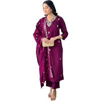 Naixa Women's Wine Viscose Chanderi Embroidered Straight Kurta With Viscose Chanderi Pant And Chanderi Embroidered Dupatta Sets (S-Zarna-Wine-Xxl)