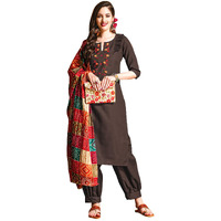 Ethnicjunction Women's Embroidered Mirror Work Cotton Straight Salwar Kurta Dupatta Set Brown