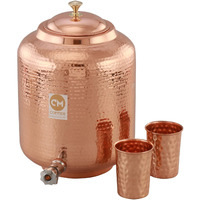 Copper-Master 14 Litre Hammered Copper Water Dispenser (Matka) Container Pot With 2 Copper Glasses Pure Copper And Ayurvedic Health Benefits (15000 Ml + 600 Ml)