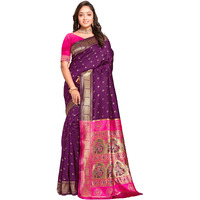C J Enterprise Women's Banarasi Saree Pure Kanjivaram Silk Saree Soft Design Wear Pattu Sarees Latest Cotton With Blouse Piece For Wedding Sadi New Ladies 2025 (Chand Paithani) (Purple-Pink)