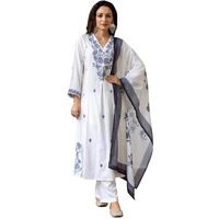 Indo Era Women's White Pure Cotton Embroidered A-Line Kurta & Pant With Dupatta Suit Set (Ieout6912_X-Small)