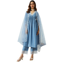 Fiorra Women's Blue Silk Blend Nayra Cut Kurta And Palazzo With Embroidered Dupatta Set0156