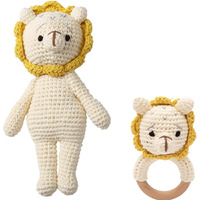Sycamore East 2Pc Wooden Baby Lion Rattle & Crochet Doll Plush Elephant Stuffed Animals Toy For Newborn | 100% Handmade Infant Soothe Toys For Sensory And Early Grips Development Gifts