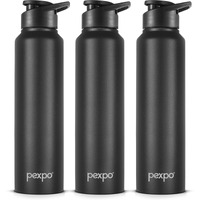 Pexpo Chromo Stainless Steel Sports/Fridge Sipper Water Bottle 1 Litre, Knight Black Pack Of 3 | Eco Friendly | Bpa Free | Water Bottle For Office, Gym, School, Yoga, Trekking, Men, Women And Kids